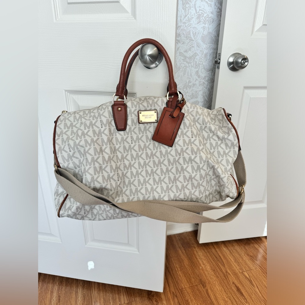 Michael Kors Beige Monogram Duffel with Brown Leather Trim